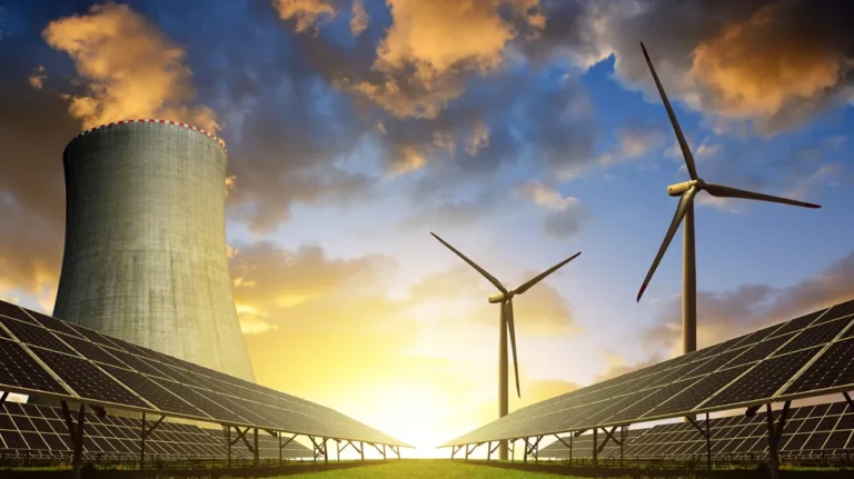 solar panel a chimney and wind turbine